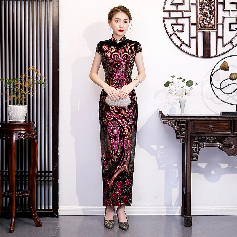 

Элегантное женское велюровое Новое китайское традиционное платье Ципао с воротником-стойкой, классическое винтажное приталенное длинное ...