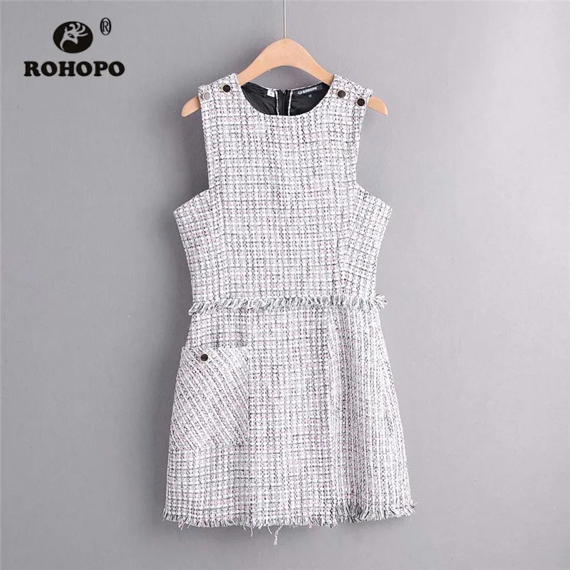 ROHOPO без рукавов с круглым воротником твидовый в клетку комбинезон кисточками