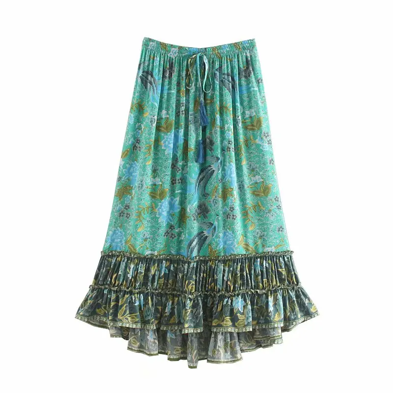Boho Chic, Женская пляжная плиссированная юбка хиппи с цветочным принтом и птицами, высокая эластичная талия, макси-юбка трапециевидной формы для женщин