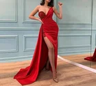 Женское вечернее платье с юбкой-годе, красное блестящее длинное платье на одно плечо с разрезом сбоку, со складками и шлейфом, для вечеринки и выпускного вечера, 2022