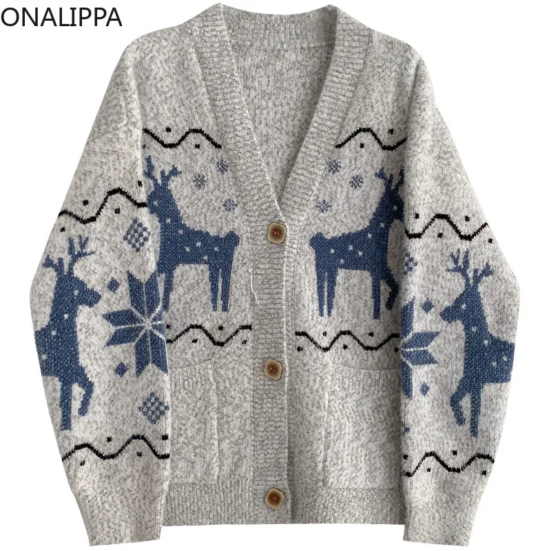

ONALIPPA Women Knitted Cardigan 2021 Autumn Winter Japanese Style Gentle Jacquard Loose Wild Long-sleeved Casual Sweater Jacket