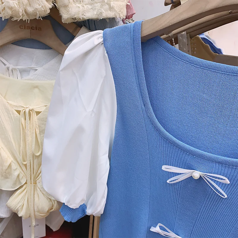 

Women Square Collar Bow T Shirt Ins Stitching Puff Sleeve Elegant Lady Shirt Female Knitted Short Top Fashion