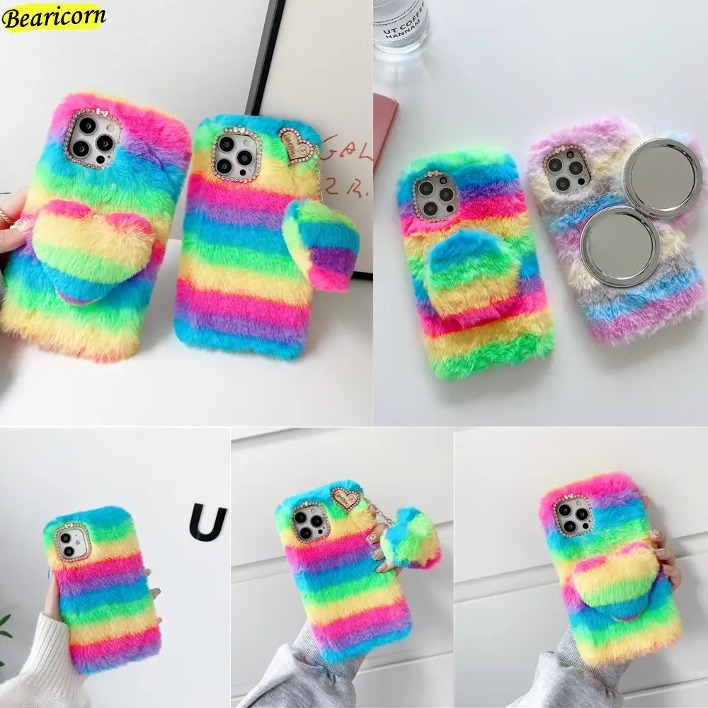 

Soft Plush Phone Case For Oneplus 5 5T 6 6T 7 7T 8 8T 9 Pro 9R Nord N10 N100 N200 2 CE 5G Rainbow Furry Warm Fur Hairy Cover