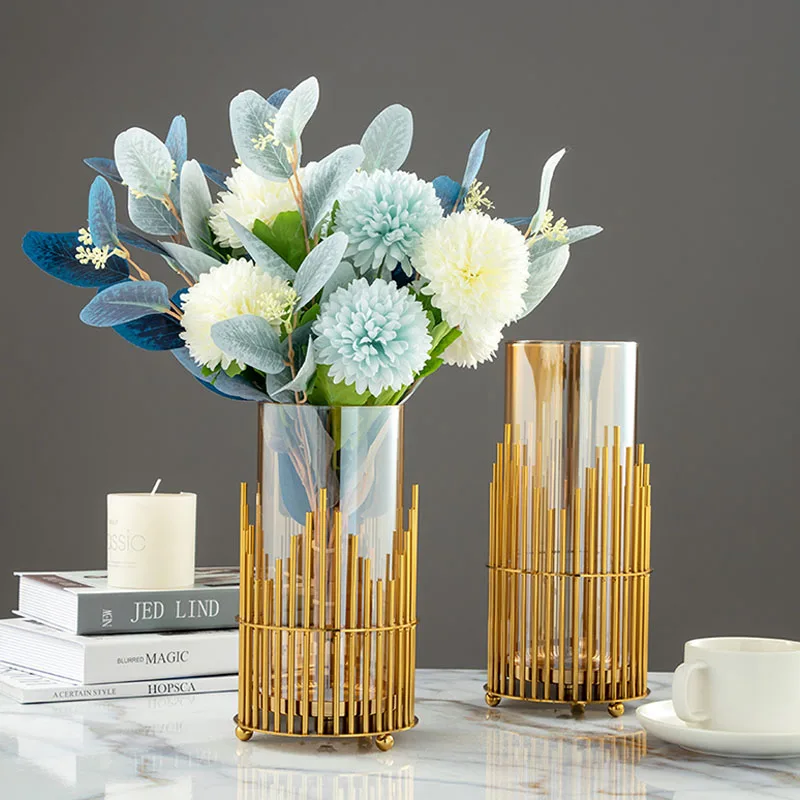 

Luxury Glass Vase With Metal Base Creative Flower Arrangement Home Living Room Decoration Furnishings Housewarming Gifts Crafts