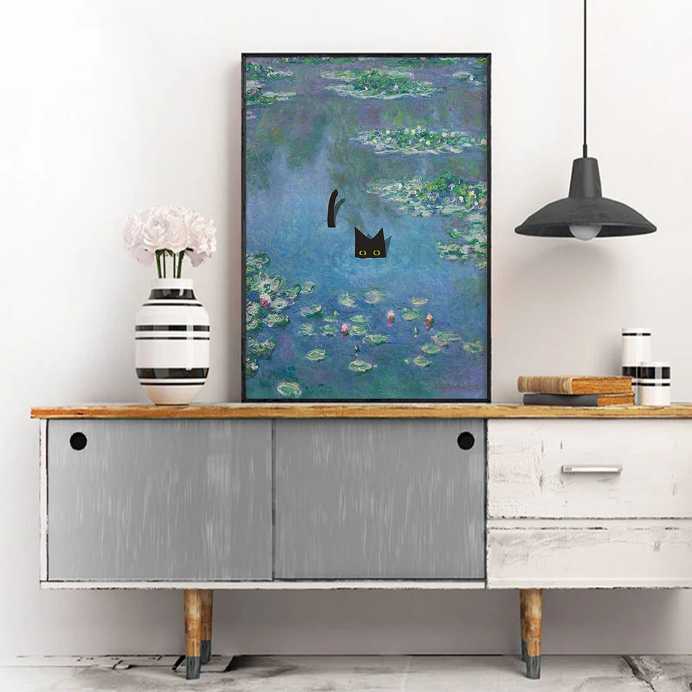 Постер Monet на холсте с изображением кошки и водяной лилии картина натуральным