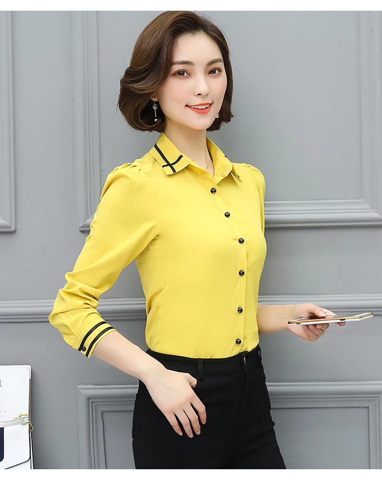 Trabalho Branco Azul Blusa размера плюс с длинным рукавом отложной воротник Camisa Das Senhoras