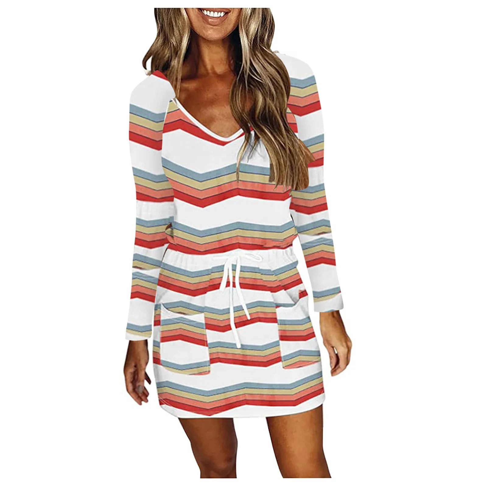

2021 Fall Ladies Dress Casual Loose V-neck Long Sleeve Bandage Pull Back Striped Print Loose Dress Fashion Women Ropa De Otoño