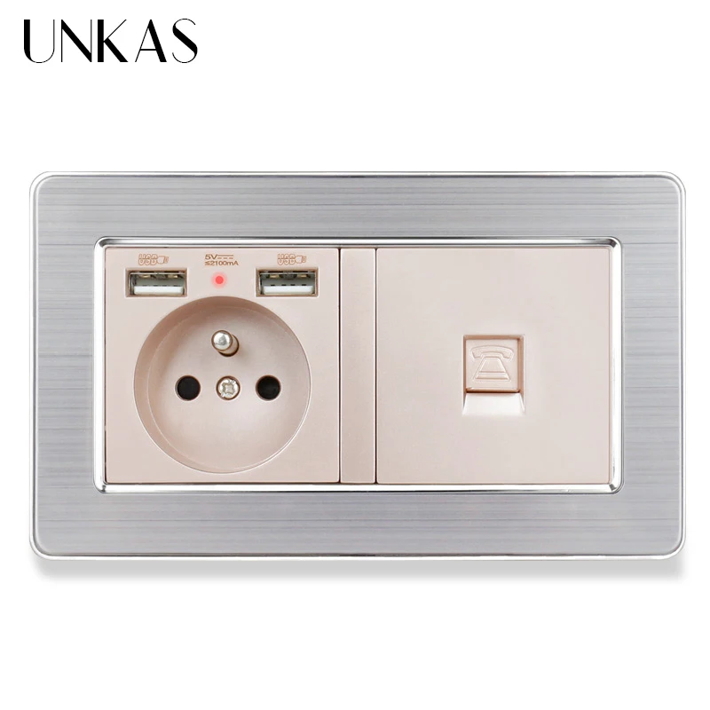 Штепсельная розетка UNKAS из нержавеющей стали с матовым серебристым корпусом