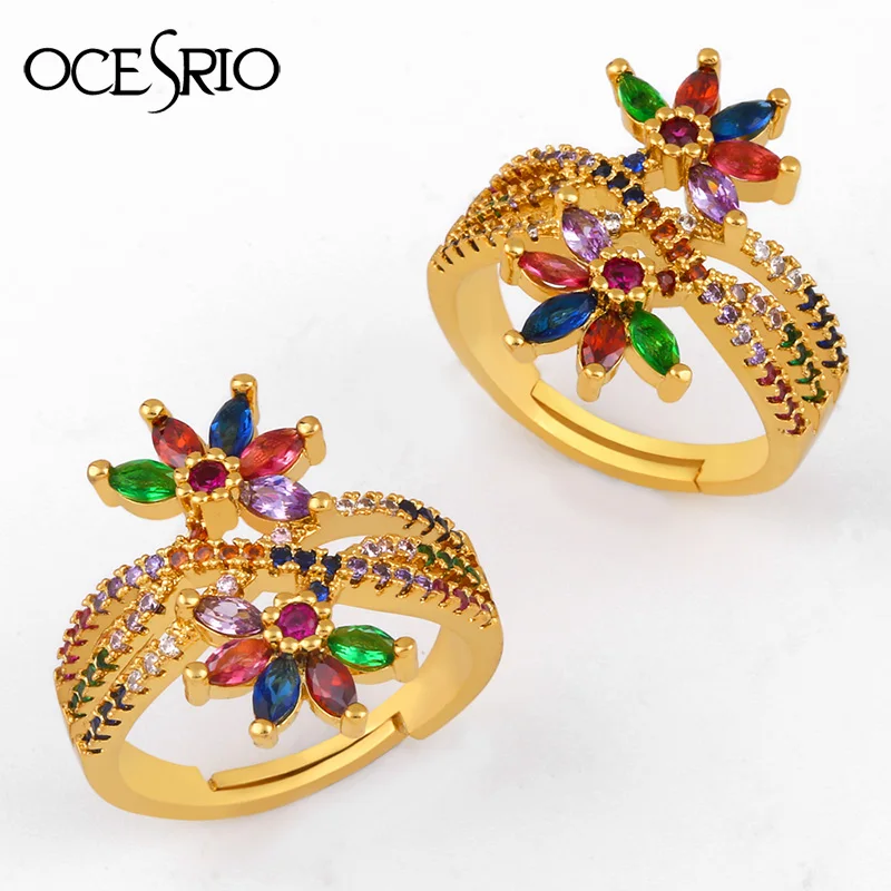 Женское кольцо с цветами и фианитом регулируемое золотистого цвета в стиле панк