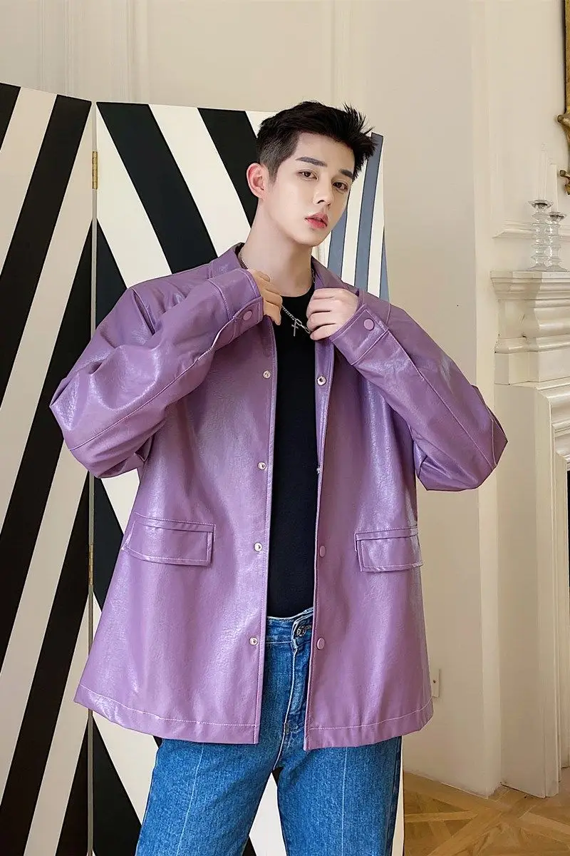 

2020 Spring And Autumn New Youth Fashion Men's Solid Color Loose Locomotive Leather Fashion Casual All-match Shirt Purple
