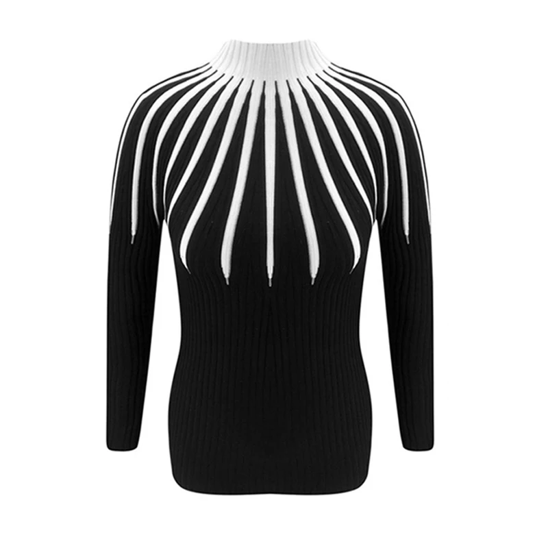 Women Clothing Autumn Winter Turtleneck Color Patchwork Slim Elegant Knitted Pullovers Sweater Office Ladies Casual Tops SJ4999E | Женская