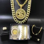 Роскошные мужские часы золотого цвета, ожерелье, браслет, кольцо и серьги, Combo Ice Out кубинский хрусталь, стиль хип-хоп для мужчин