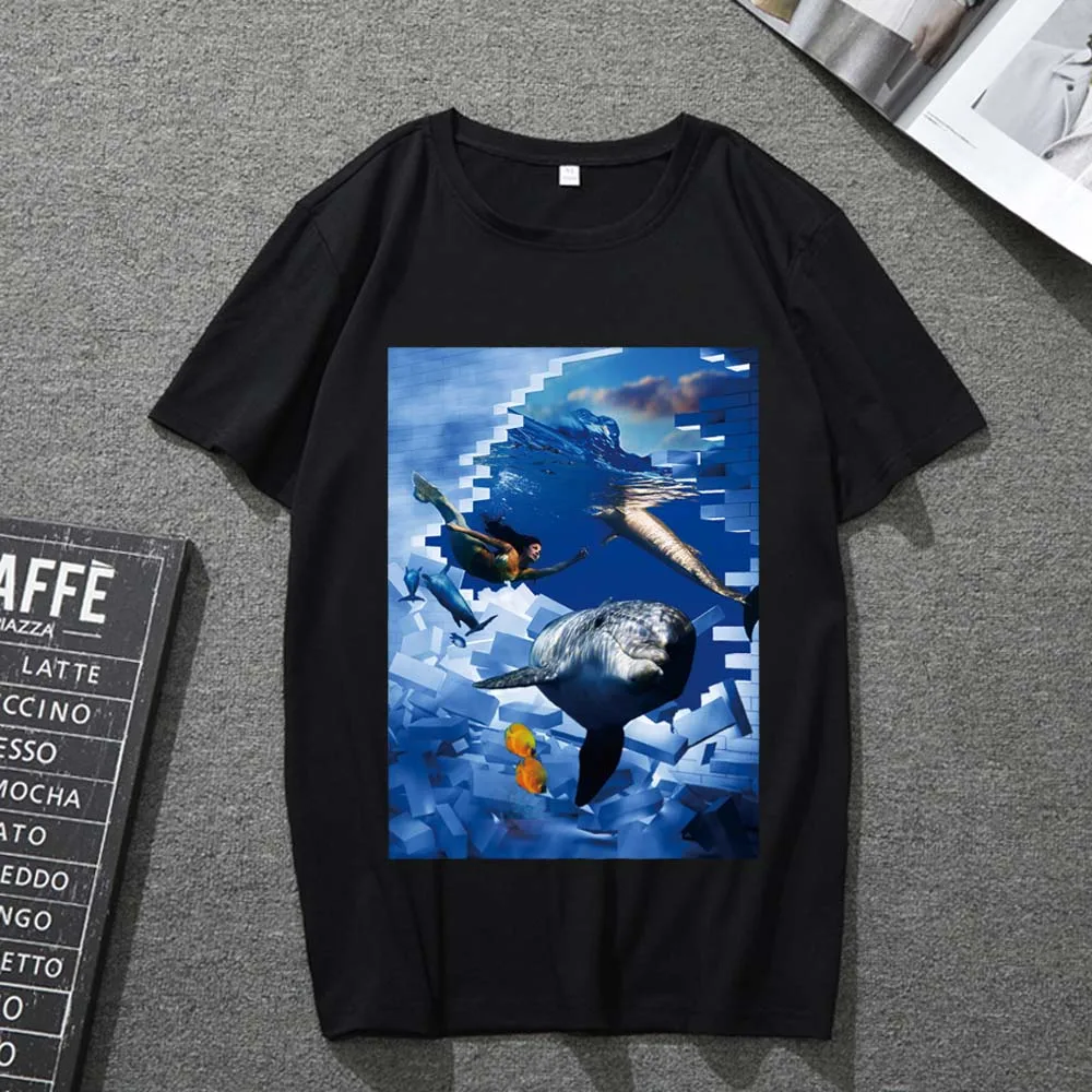

T-shirt Men and Women Black Round Neck Short-sleeved Slim Commuter Harajuku Top 3D Dolphin Print Soft Breathable T-shirt