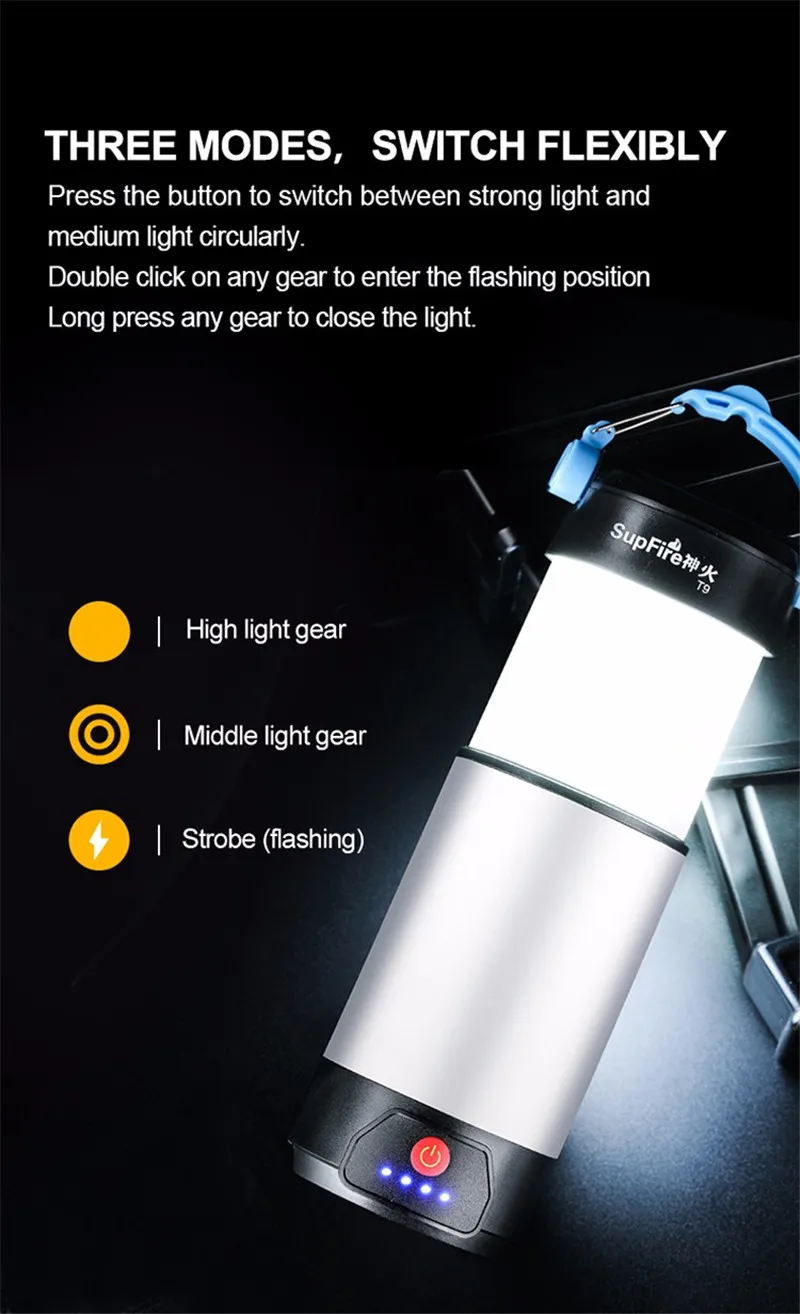 Supfire T9 походный светильник светодиодный флэш-светильник 1000lm Linterna тент вспышка светильник 8000mAh power Bank для Fenix Sofirn Convoy Nitecore