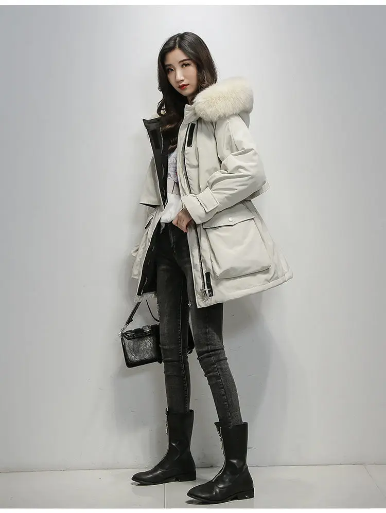 Pai Overcome Women Mid-length Korean Version Of The 2021 New Down Padded Jacket Women Loose Thick Large Fur Collar Padded Jacket