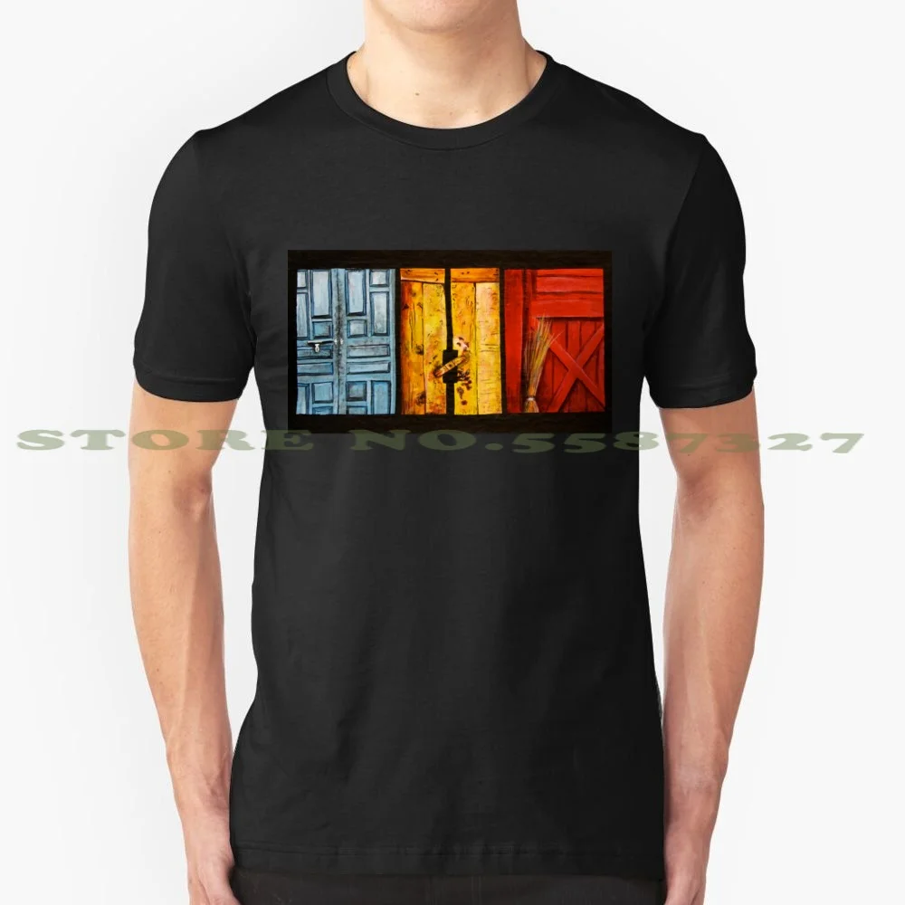 

Футболка для мужчин и женщин, черный белый дорожный мир с надписью «Travel World», деревянными, красными, синими, желтыми растениями, винтажная, в ...