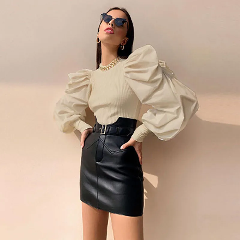 

NORMOV Elegant Women Tops Solid O Neck Patchwork Lantern Long Sleeve Tops Polyester Knitted Skinny Female Casual Shirt