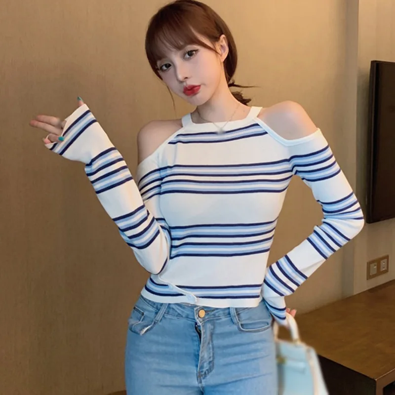 

Fashion Tshirts Liva Girl Early Autumn New Sexy Sniper Design Sense Strapless Halter Stripe Pullovers Camiseta Top Veteme