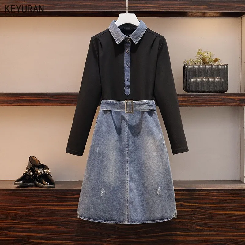 Лоскутное джинсовое женское платье с длинным рукавом средняя талия поясом