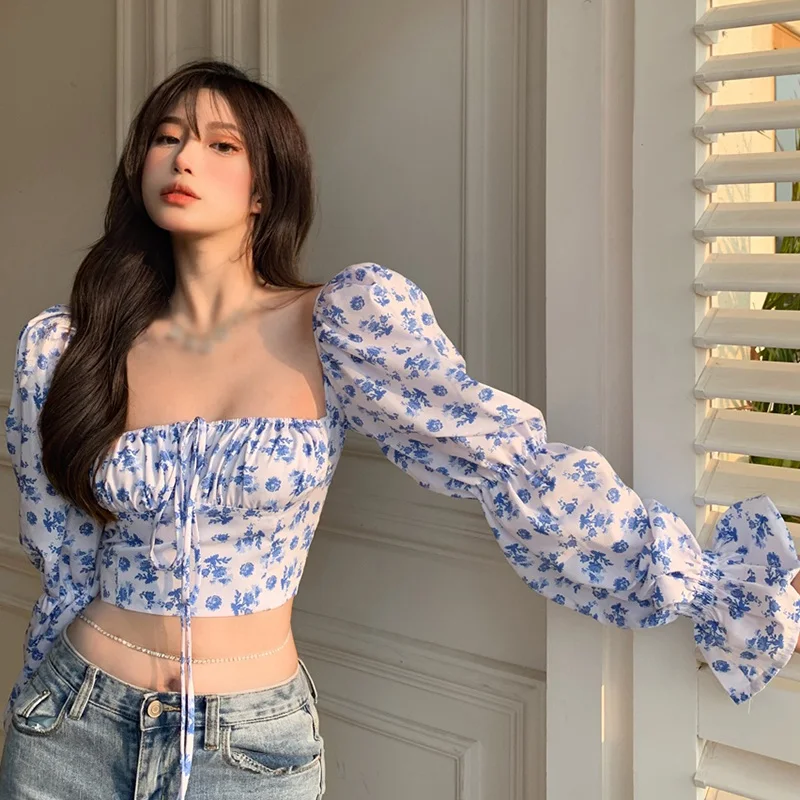 

Summer Sweet Floral Printed Square Collar Chiffon Blouses Pleated Elastic Puff Sleeve Tops 2021'