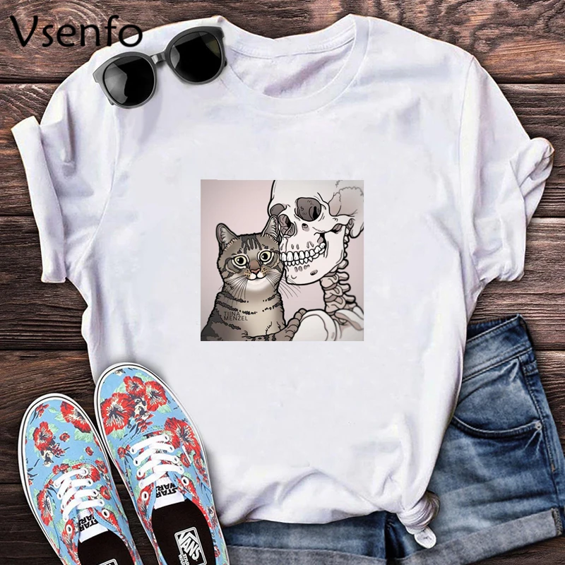 

Funny Women's T-shirts SKELETON ART Skull T Shirt Women Fashion Harajuku Kawaii Cute Cat Female T Shirts Cartoon Tees Ulzzang