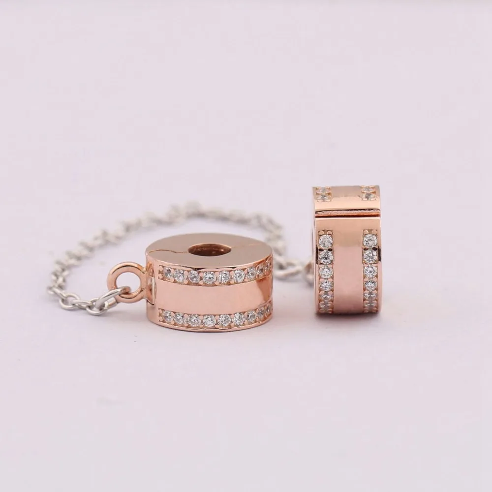 

Original 925 Sterling Silver Bead Charm Rose Insignia With Crystal Safety Chain Clip Beads Fit pan Bracelet Diy Jewelry