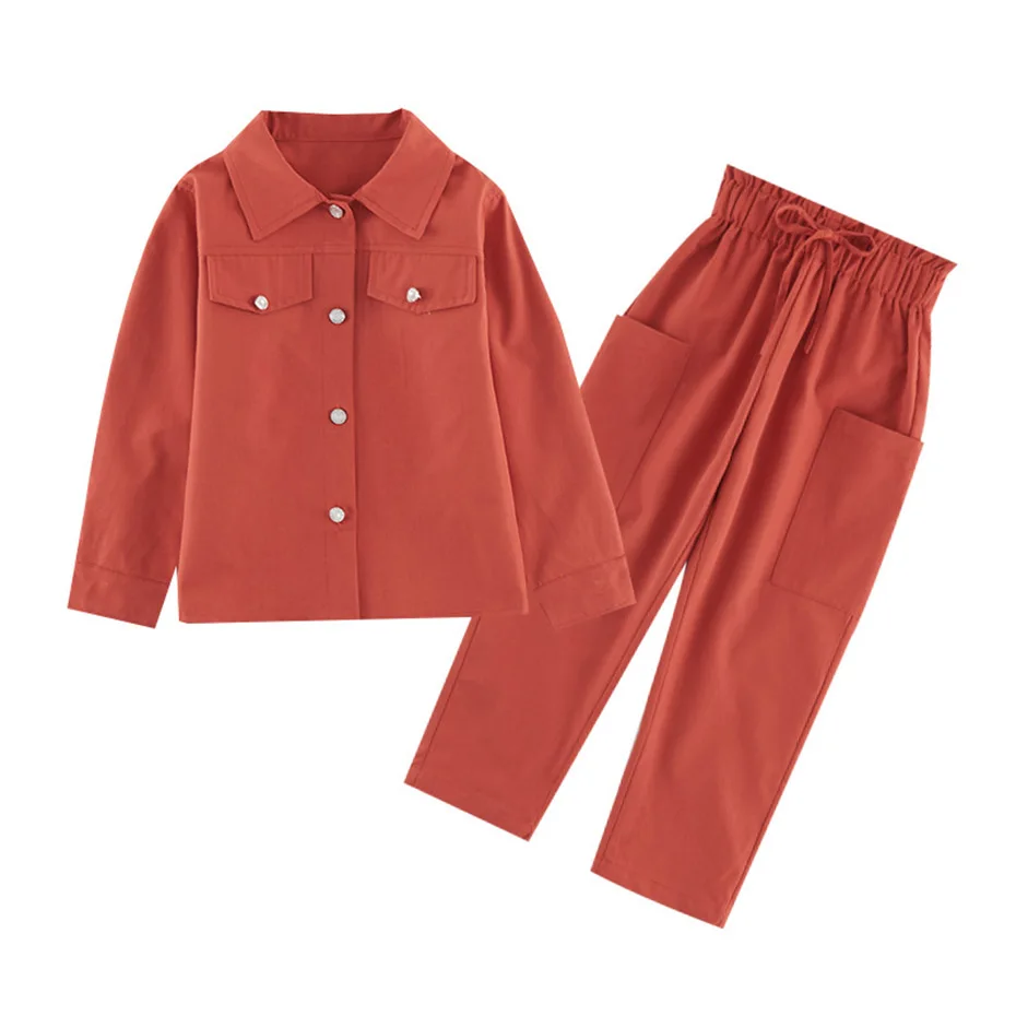 Одежда для девочек однотонный костюм из блузки и брюк брюки-карго с высокой