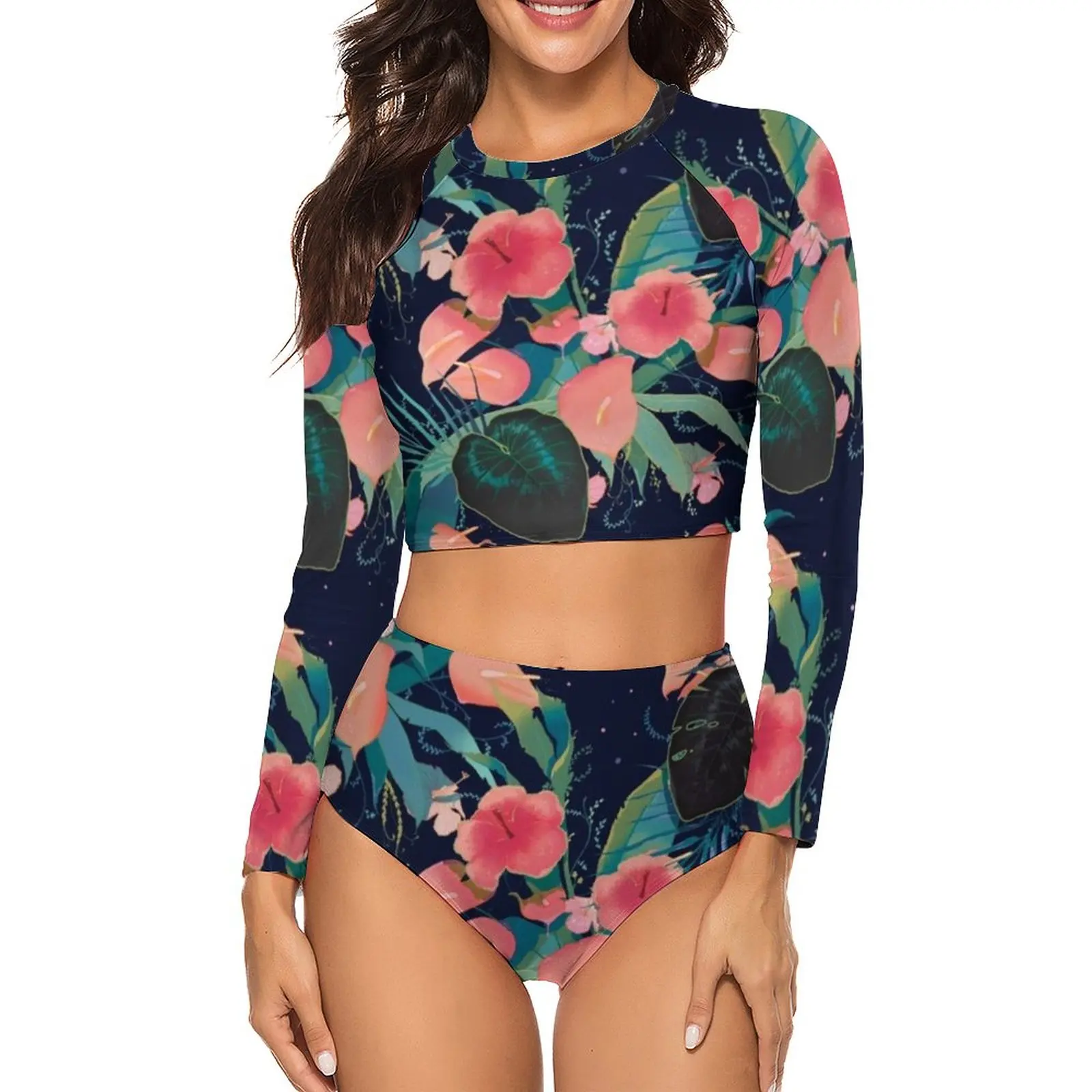 

Купальник-бикини с цветочным рисунком, классический спортивный купальник с высоким вырезом, женский купальный костюм из двух частей оптом