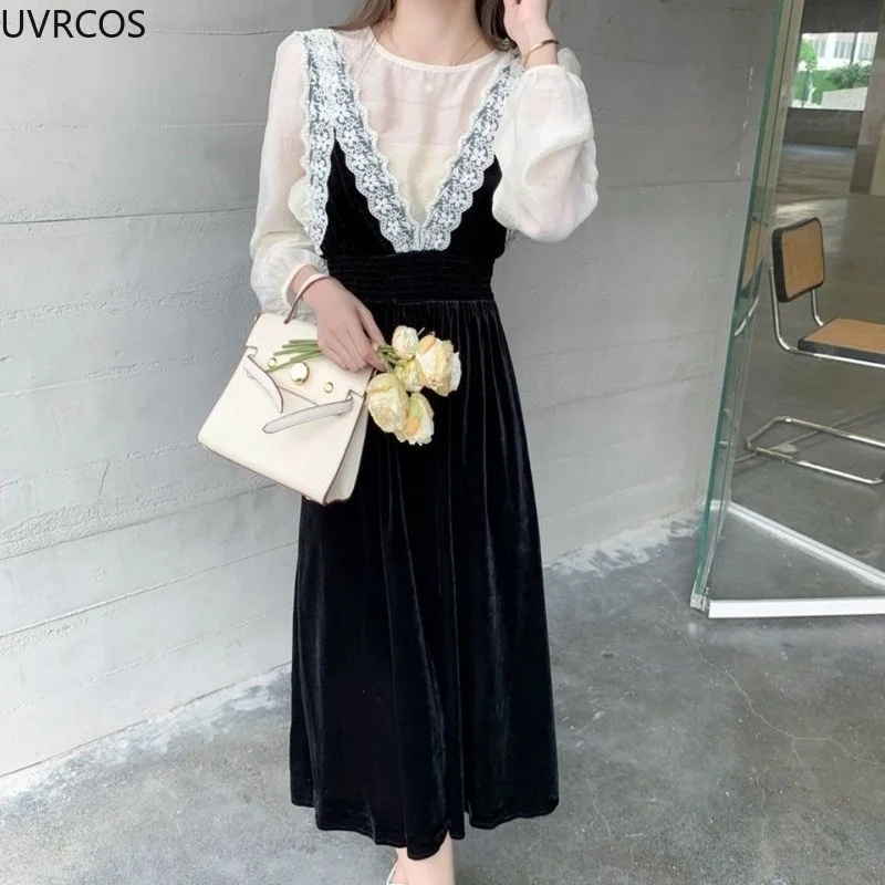 

Fashion Elegant Women Two Piece Set Dress Sweet Apricot Long Sleeve Shirt Chic Lace V-Neck Black Velvet Dress Lady Velour Suit