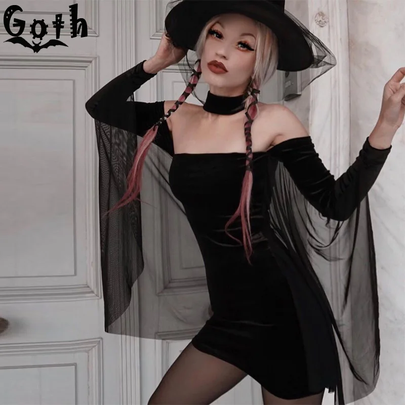 Женское мини-платье с открытыми плечами Goth черное винтажное облегающее платье