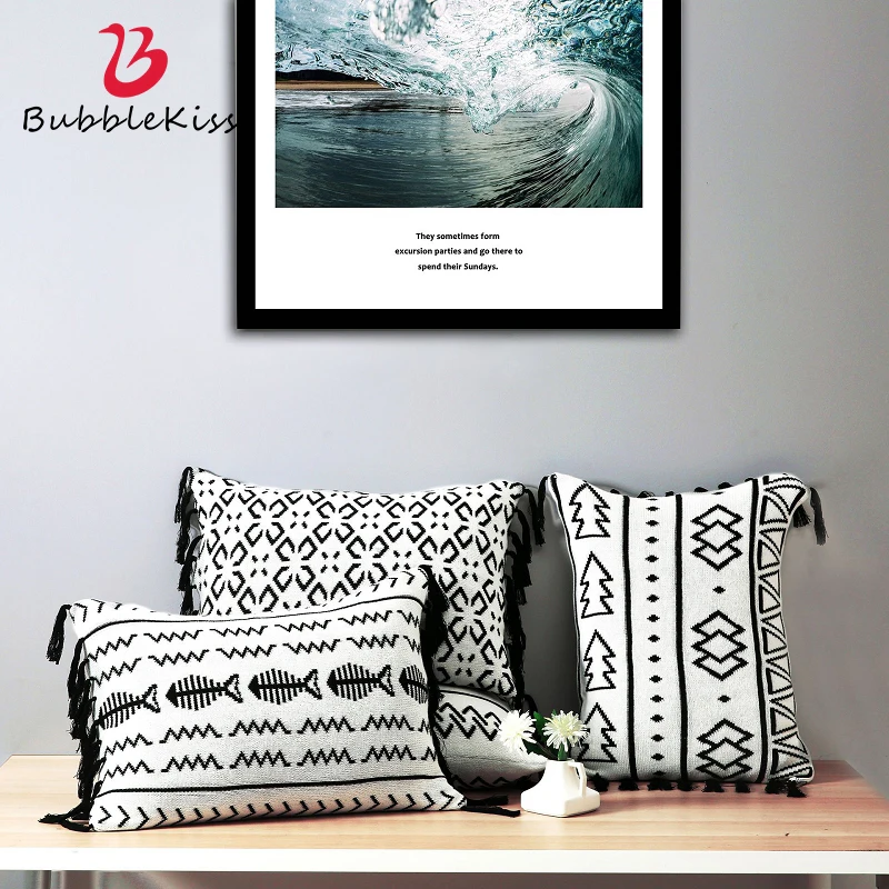 

Bubble Kiss Simple Style Cushion Cover Black White Geometry Tassel Throw Pillows Home Decor Sofa Bedroom Rectangle Pillow Cover