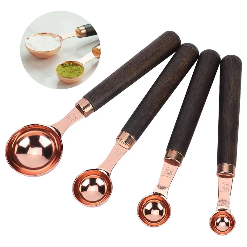 

4 Piece Set Spoon Walnut Handle Engraved Measurements Premium Stainless Steel Mirror Polished Measuring Cup For Baking