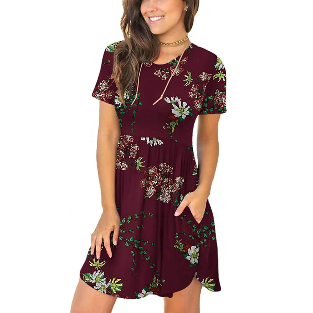 

WEPBEL Dress Women's Casual Floral Print Loose Dress Summer Fashion Short Sleeve O-Neck Pocket Mini Dress