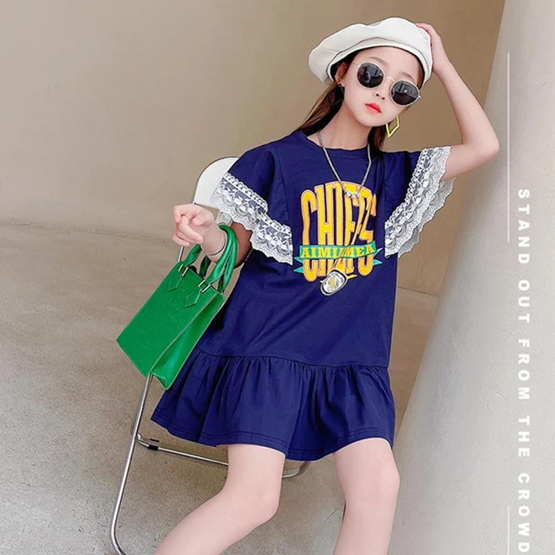 

Summer Girls Dress New Arrival Korean Clothing Lace Half Sleeve Dress Kids Letter Print Dress Children's Sportswear Long T shirt
