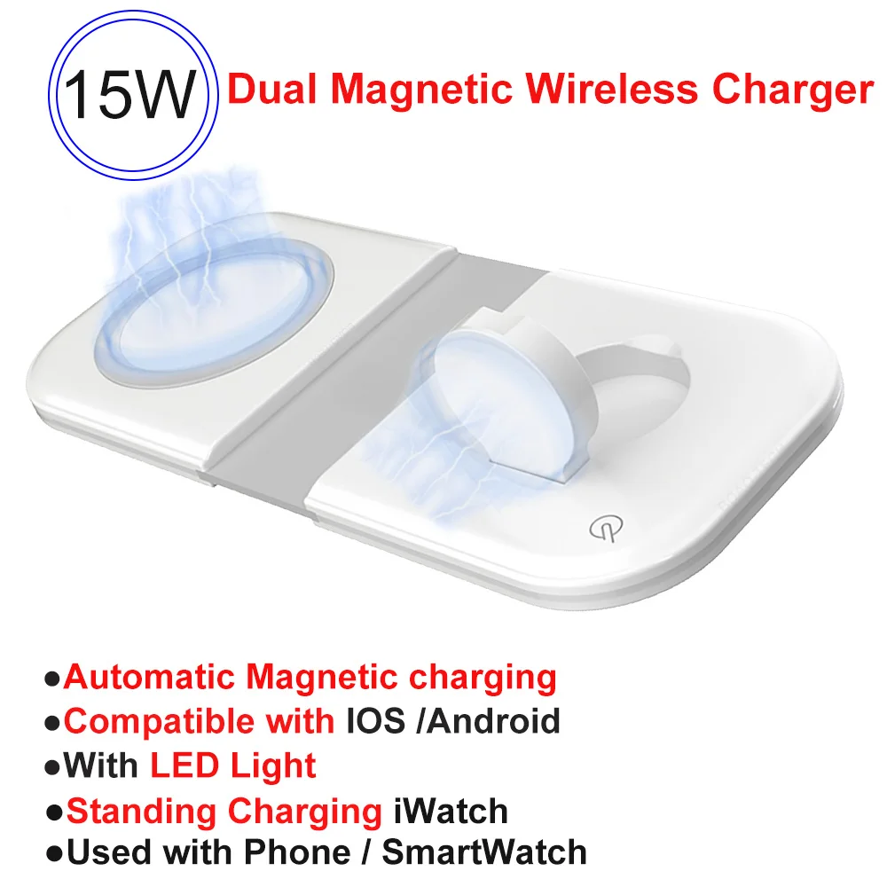 

15W Magsafe Duo Charger Pad with Led Light For iPhone 8/11/12 Magnetic Dual Folding Qi Wireless Charger Stand For iWatch Airpods