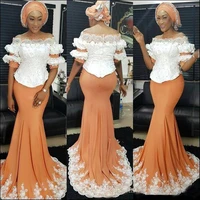 boat neck mermaid prom dress 2020 elegant off shoulder applique lace half sleeve satin aso ebi african formal dress plus size