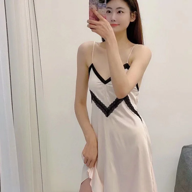 New European Sexy Nightdress Fashion 2021 Summer Silk Women Nightwear Lace Splicing Hanging Belt Skirt Home Wear Sleepwear