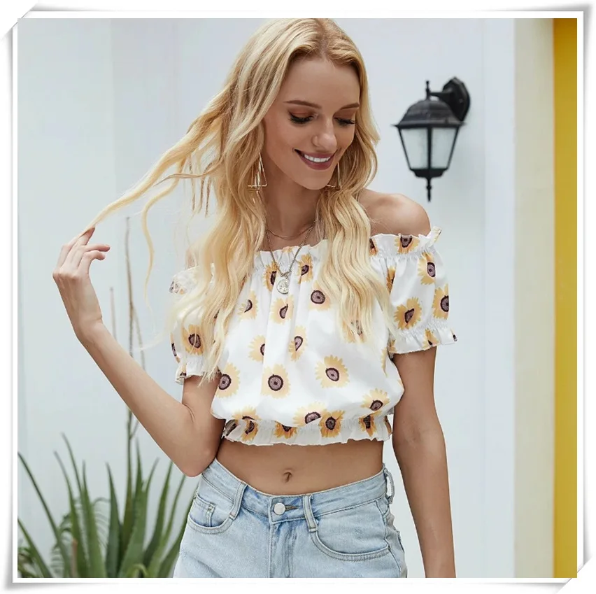 

Women Summer Sunflower Print Off-shoulder Slash Neck Navel Ruffles Tops T-shirts Tees Femme Vintage Casual Fashion Sexy Tees