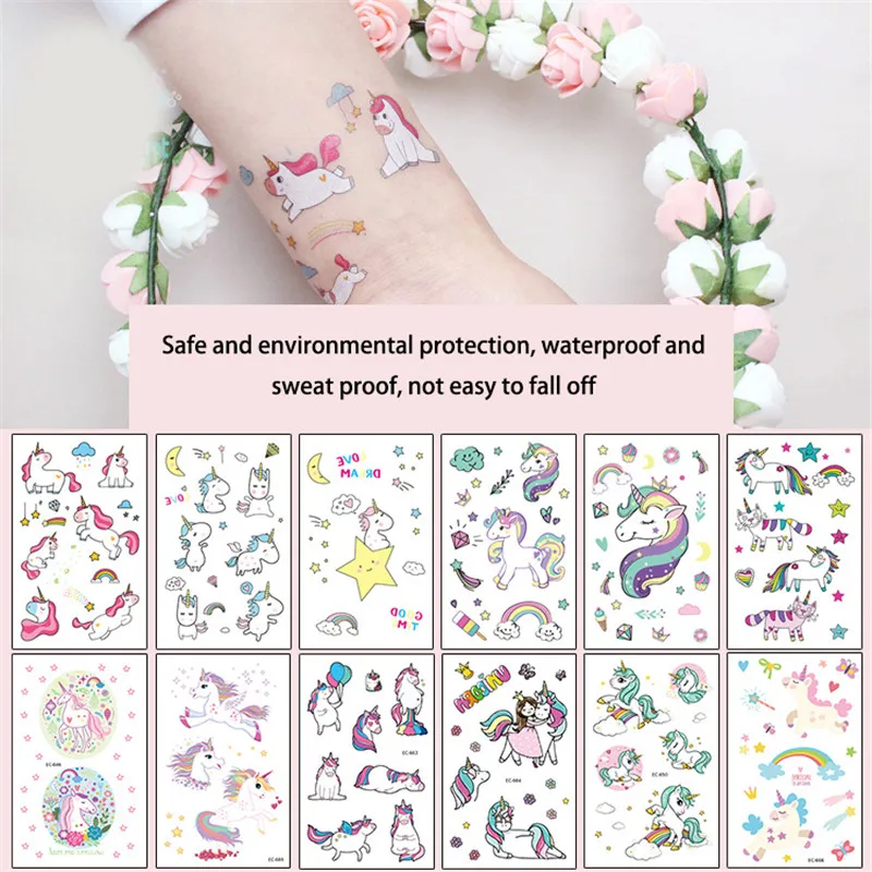 Защита окружающей среды и Водонепроницаемый Пот Дети Тату Единорог стикер милый