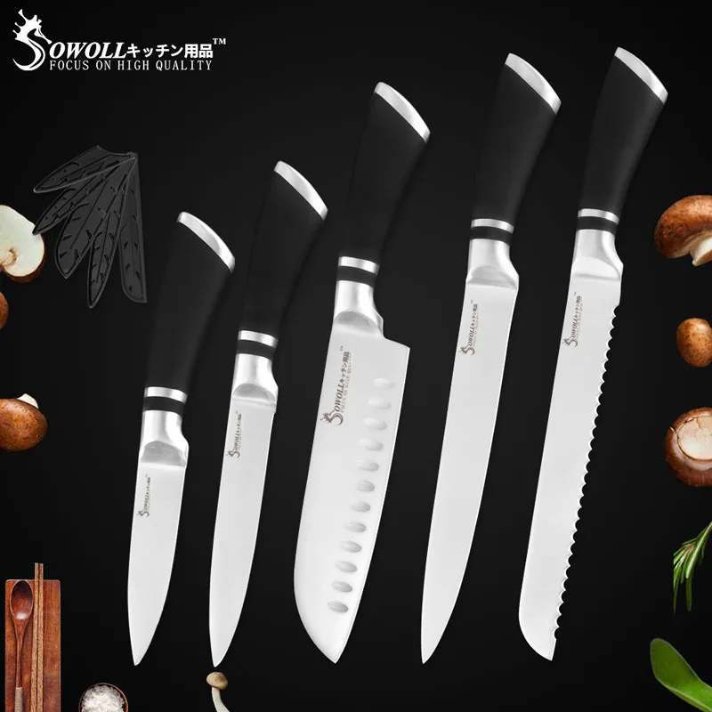 5 Pcs Knives Set B Набор кухонных ножей Sowoll, 6 шт., хорошее качество, экономичный набор ножей из нержавеющей стали, нож для нарезки хлеба, нож для фруктов Santoku - Цвет: 5 Pcs Knives Set B