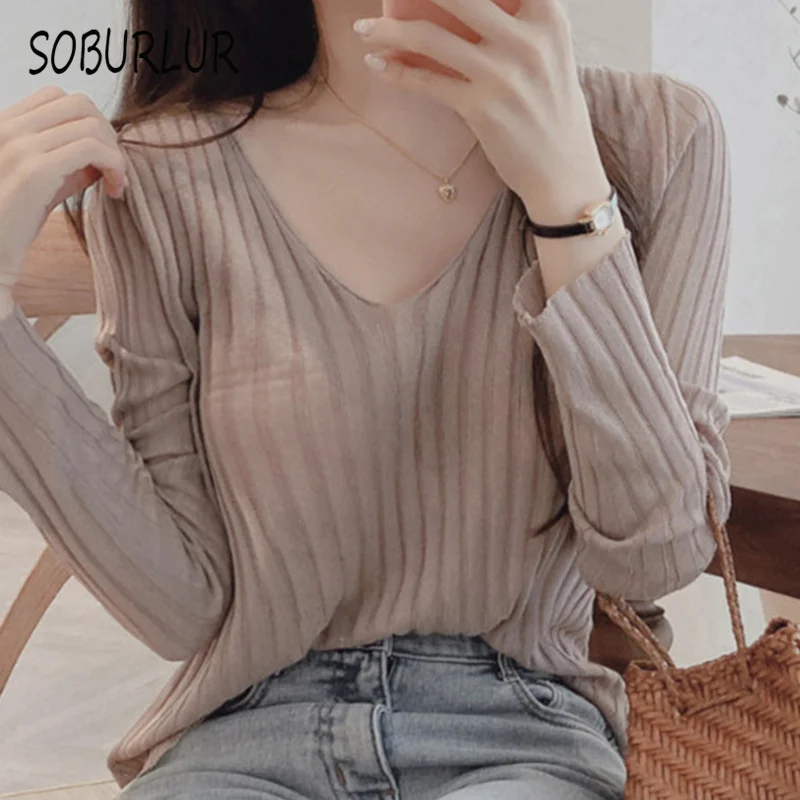 

SOBURLUR Summer Knitting Women's T-Shirts Crop Top Woman Female Clothing BF Korean Style Pulovers Fashion T Shirt New Preppy Tee