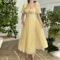 booma yellow lace midi prom dresses square neck short puff sleeves tea length wedding party dresses pockets a line formal gowns