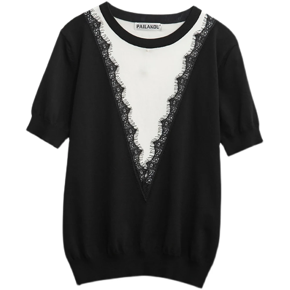 

Patchwork Lace Short Sleeve Elastic Knitted T Shirt Woman Loose Baggy XL-4XL Large Plus Size Tops Summer Clothes For Women