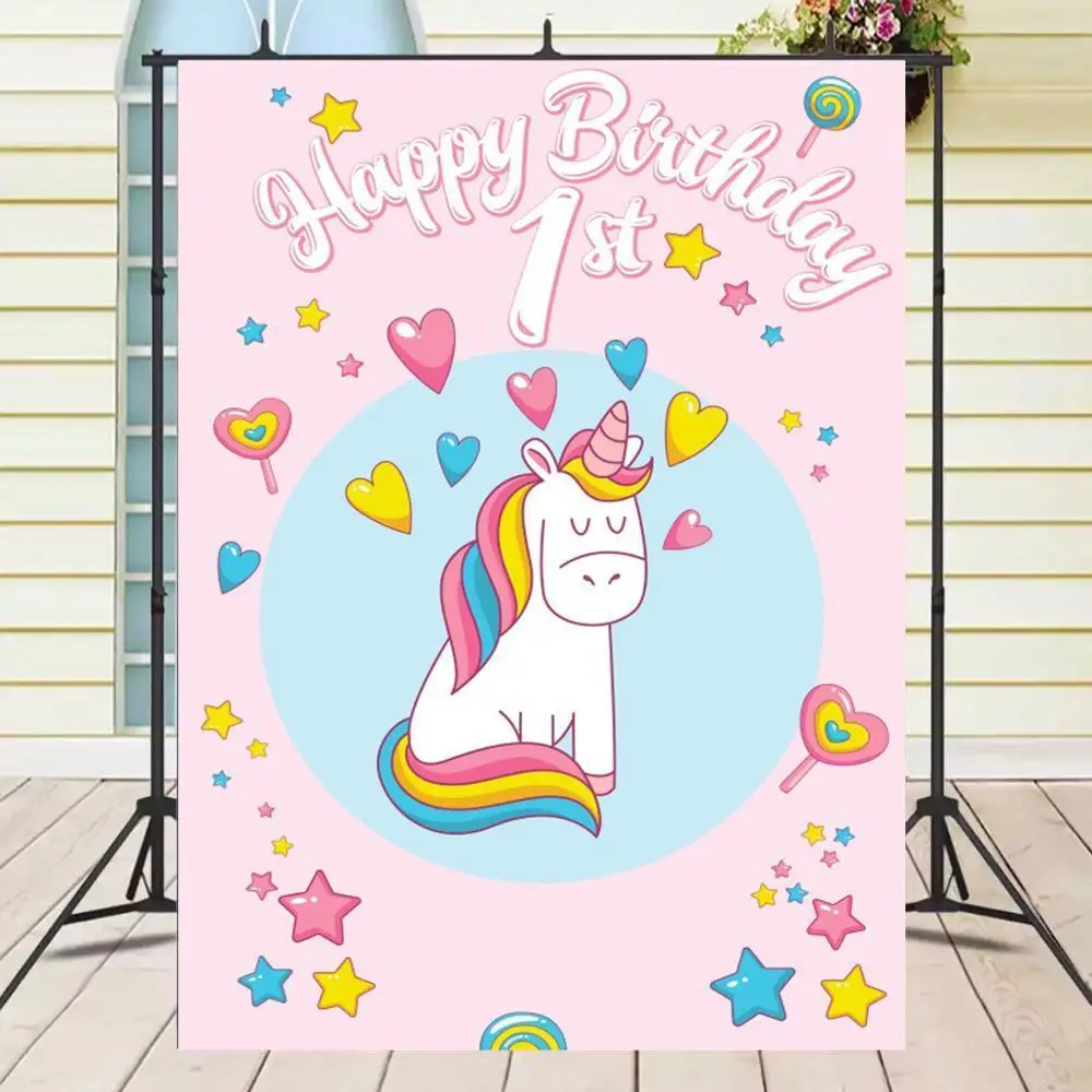 

Photography Photophone Rainbow Unicorn Children 1st Birthday Backdrop Party Decor Cartoon Background Photocall Photo Studio