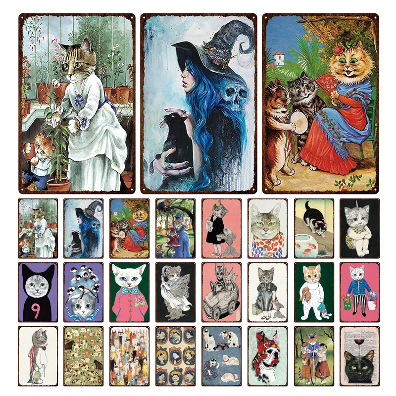 Металлическая вывеска в стиле ретро с изображением черной кошки на темном фоне