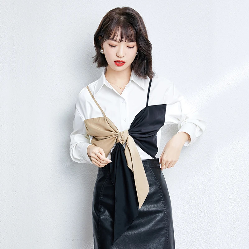 Женская блузка с отложным воротником белая офисная составного кроя длинным