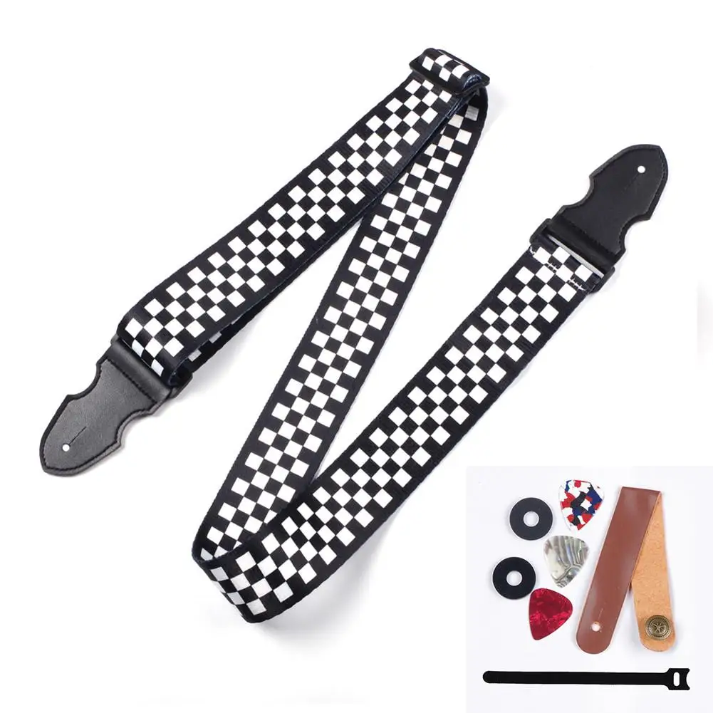 

Top quality Guitar Strap Black White Plaid Pattern Electric Guitar Acoustic Guitar Folk Guitar Bass Strap Musical Accessories