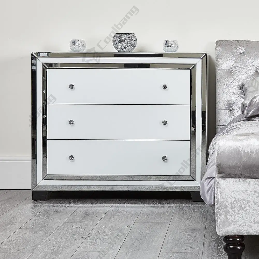 

Wholesale modern glass furniture Modern Hot Sale Home White Glass Furniture 3 Drawers Mirrored Cabinet Chest of Drawers