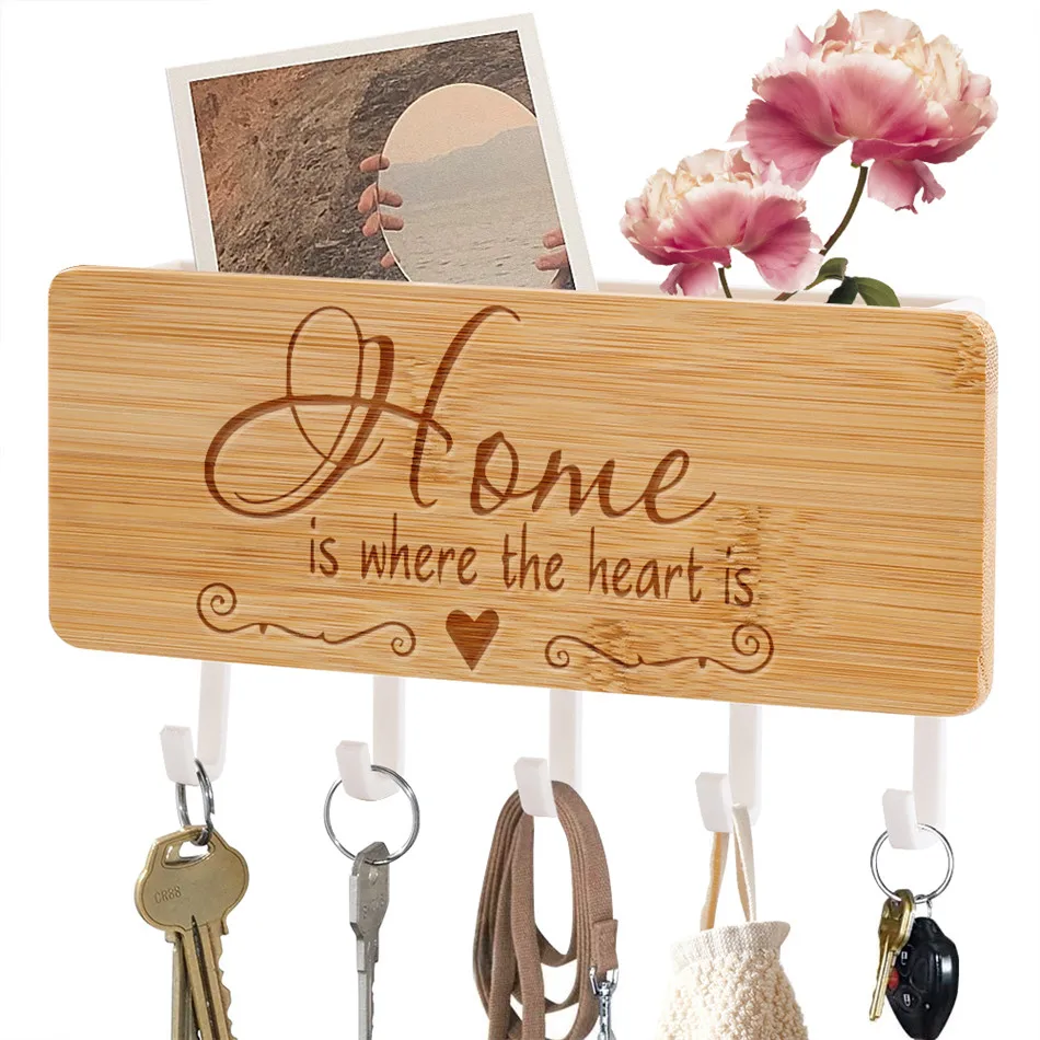 

Home is where the heart is Personalized Engraved Decor Bamboo Key Hanger Home Sundries Storage 5 Hooks Holder Wall-Mounted Racks