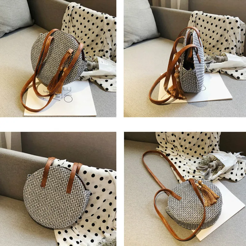 

Retro Round Straw Bag Women Casual Circle Bohemia Shoulder Handbags Summer Handwoven Bali Rattan Bag Totes Female Crossbody Bags